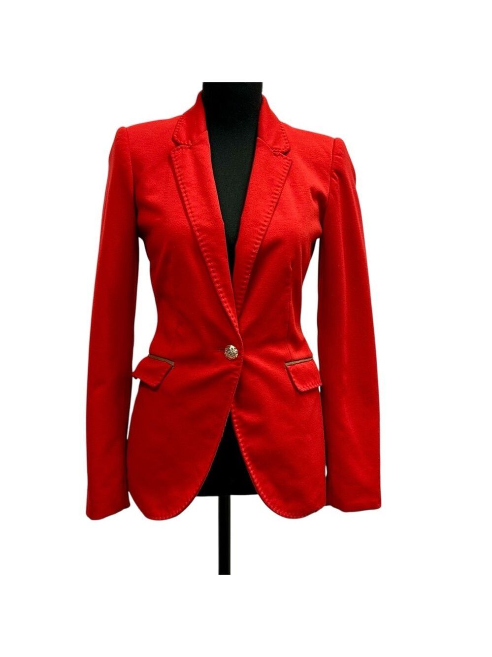 Zara red single breasted elbow patch equestrian riding jacket blazer Sz XS